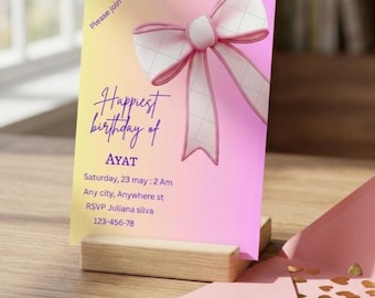 Faire-part d'anniversaire avec noeud rose, invitation à une fête coquette modifiable sur toile 5 x 7 (téléchargement instantané)