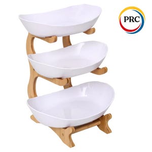 3-Tier Oval Fruit Basket with Bamboo Stand | Modern Kitchen Counter Organizer | Tiered Serving Tray | Food Storage Rack & Display Organizer