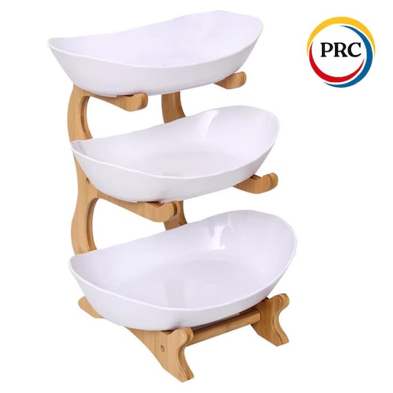 3-Tier Oval Fruit Basket with Bamboo Stand | Modern Kitchen Counter Organizer | Tiered Serving Tray | Food Storage Rack & Display Organizer