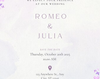 Modèle de faire-part de mariage floral violet, design minimaliste moderne (téléchargement numérique)