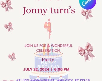 Modèle d'invitation d'anniversaire avec noeud rose, invitation à une fête coquette girly modifiable (téléchargement numérique)