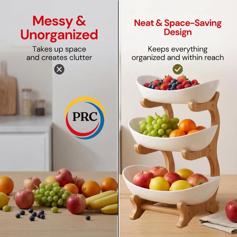 May include: A three-tiered fruit stand with a light wood frame and three white oval bowls. The top bowl holds berries, the middle bowl holds green grapes and oranges, and the bottom bowl holds apples and lemons. Text reads Messy & Unorganized and Neat & Space-Saving Design.