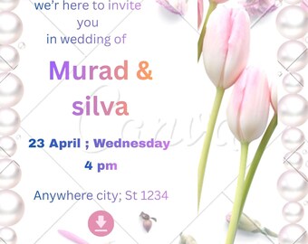 Modèle de faire-part de mariage floral rose, élégant canevas modifiable (téléchargement numérique)