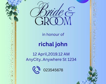 Modèle de faire-part de mariage minimaliste bleu clair, carte de marié mariée élégante moderne (téléchargement numérique)