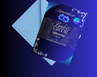 Modèle minimaliste de faire-part de mariage bleu royal, invitation moderne sur toile modifiable (téléchargement numérique)