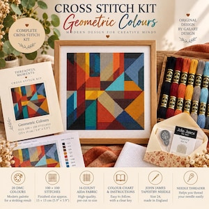 May include: A cross stitch kit titled Geometric Colours featuring a framed square embroidery with multicolored geometric shapes, a pack of DMC embroidery floss, a needle threader, John James tapestry needles, and a printed pattern chart.