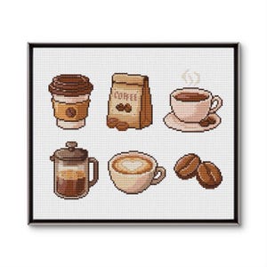 Peut inclure: Une impression encadrée d'art pixelisé représentant des éléments liés au café. L'illustration comprend un gobelet à emporter, un sac de grains de café, une tasse de café fumante, une cafetière, un latte avec un motif de cœur et des grains de café.