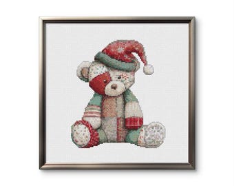 Christmas Teddy Bear Cross Stitch Pattern | Cute Holiday Embroidery PDF | Winter Bear Ornament Design