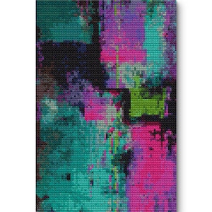 May include: Abstract art canvas print featuring a vibrant mix of colors. The artwork showcases a blend of teal, pink, purple, green, and black hues, creating a textured, pixelated effect. The composition is a modern, eye-catching piece.