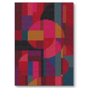 May include: An abstract cross-stitch artwork with a geometric design. The piece features a vibrant mix of colours, including red, pink, blue, purple, and gold. The design incorporates circles, rectangles, and squares, creating a modern composition.