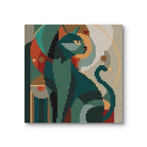 May include: A cross-stitch artwork featuring a stylized teal cat with yellow eyes, set against a backdrop of geometric shapes in shades of orange, green, and beige. The cat is seated, with its tail curled. The artwork is on a square canvas.