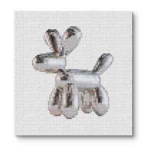 May include: A cross-stitch of a dog made to look like a balloon animal. The dog is primarily gray and white, with darker shading to give it dimension. The background is a plain white fabric.