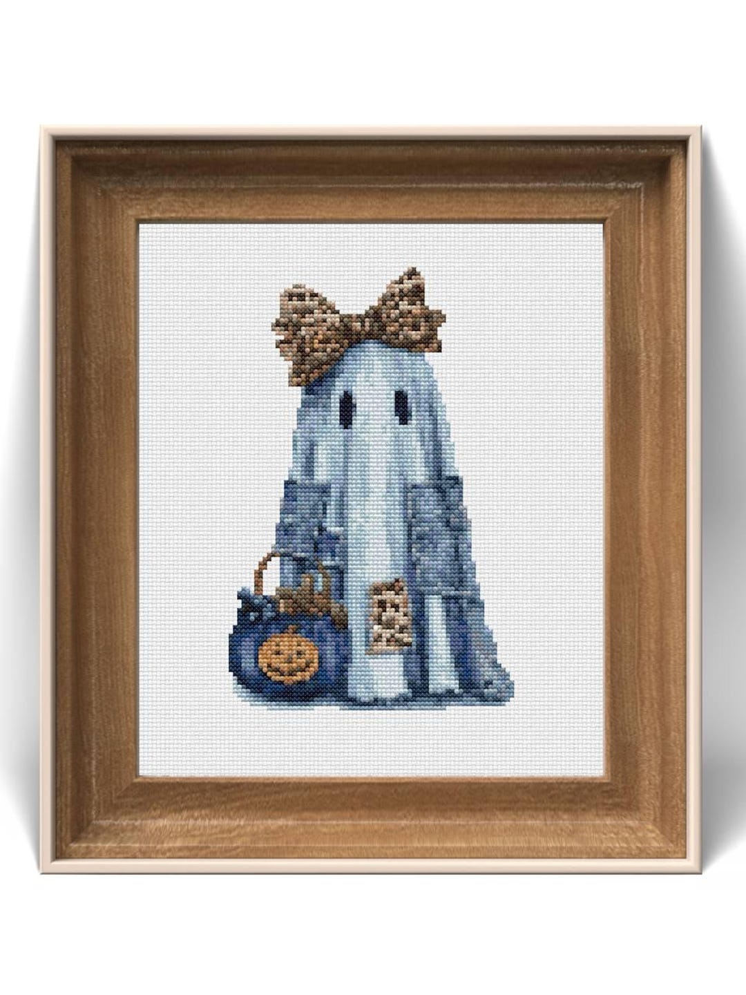 Cute Ghost With Bow Cross Stitch Pattern | Halloween Blue Ghost ...