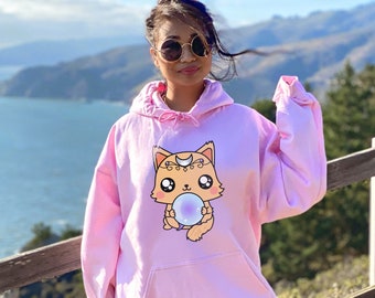 Sweat à capuche Crystal Ball Cat | Sweat à capuche chat mignon de bande dessinée | Sweat à capuche magique Kawaii | Sweat à capuche anime | Cadeau d'amant de chat Kawaii | Option sweat à capuche surdimensionné