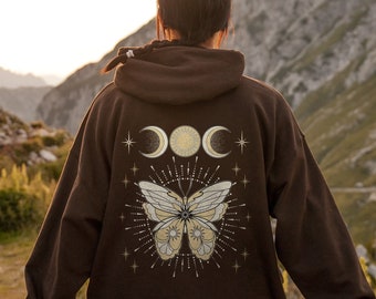 Triple Moon Butterfly Hoodie | Celestial Cottagecore Hoodie | Ethereal Pagan Hoodie | Lunar Alt Clothes | Oversized Hoodie Option