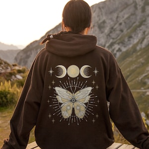 Triple Moon Butterfly Hoodie | Celestial Cottagecore Hoodie | Ethereal Pagan Hoodie | Lunar Alt Clothes | Oversized Hoodie Option