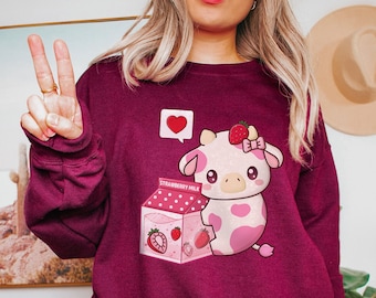 Strawberry Cow Sweater | Kawaii Strawberry Milk Sweatshirt | Aesthetic Clothes | Kawaii Clothes | Gifts for Teenage Girls