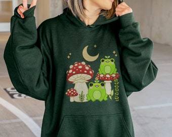Cottagecore Mushroom Frog Hoodie | Cute Kawaii Hoodie | Frog Lover Gift | Oversized Hoodie Option Available
