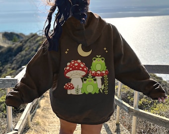 Cottagecore Mushroom Frog Hoodie | Cute Kawaii Hoodie | Frog Lover Gift | Anime Hoodie | Cottagecore Clothes | Oversized Hoodie Option