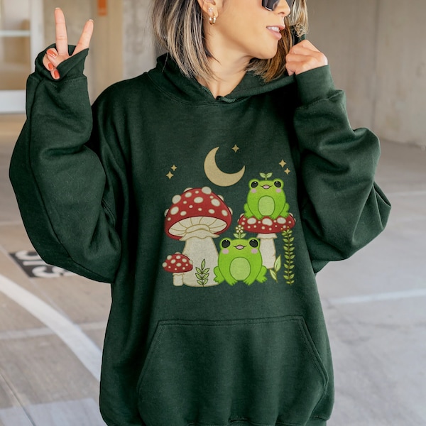 Cottagecore Mushroom Frog Hoodie | Cute Kawaii Hoodie | Frog Lover Gift | Oversized Hoodie Option Available