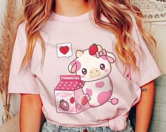 Erdbeer Kuh Shirt UNISEX | Kawaii Erdbeer Milch Shirt | Ästhetische Kleidung | Kawaii Kleidung | Geschenke für Teenager Mädchen