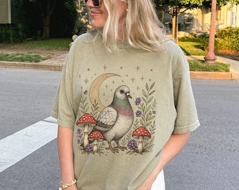 Maglietta Cottagecore Pigeon, Maglietta Celestial Bird, Abiti Boho Botanical Woodland Whimsigoth, Luna, Funghi, Erbe
