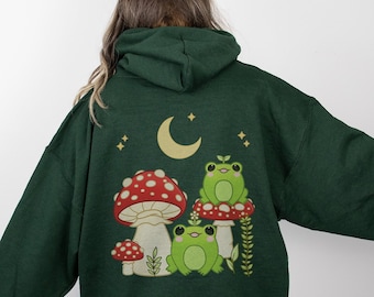 Cottagecore Mushroom Frog Hoodie | Cute Kawaii Hoodie | Frog Lover Gift | Anime Hoodie | Cottagecore Clothes | Oversized Hoodie Option