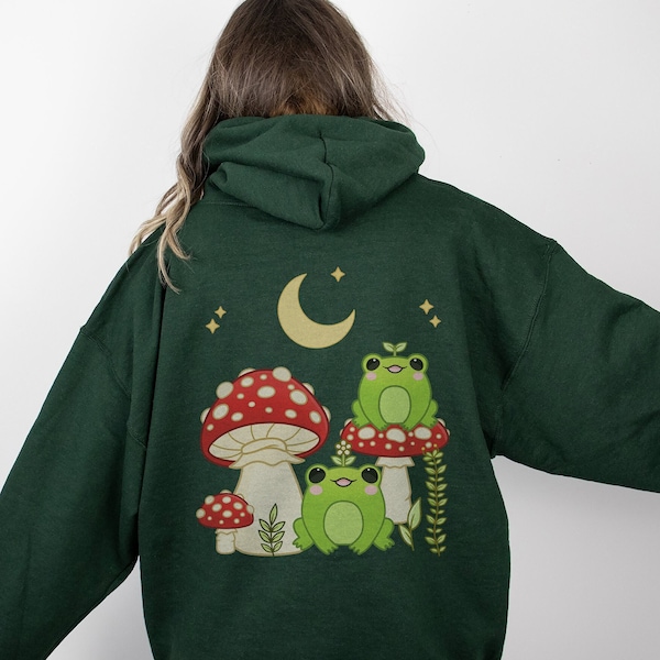 Cottagecore Mushroom Frog Hoodie | Cute Kawaii Hoodie | Frog Lover Gift | Anime Hoodie | Cottagecore Clothes | Oversized Hoodie Option