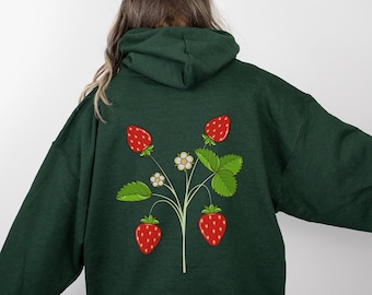 moletom com capuz de morango | Moletom Com Capuz Cottagecore | Roupas Morango | moletom botânico | Planta de erva de morango | Estética de Morango