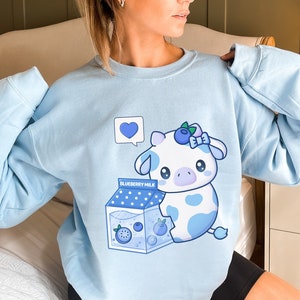 Blueberry Cow Sweater | Kawaii Blueberry Milk Sweatshirt | Kawaii Clothes | Blue Cow Gift | Kawaii Cow Clothes