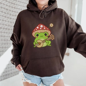 Banjo Frog Hoodie | Kawaii Clothing | Cottagecore Mushroom Hoodie | Anime Hoodie | Oversized Hoodie Option Available