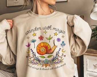 Botanical Snail Sweatshirt | Cottagecore Clothing | Whimsical Snail Clothing | Cozy Festival Sweater | Celestial Sweatshirt with Words