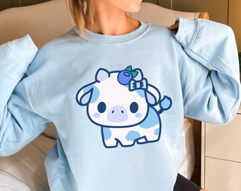Blueberry Cow Sweater | Kawaii Clothing | Cow Sweatshirt | Kawaii Clothes | Blue Cow Gift | Kawaii Cow Clothes
