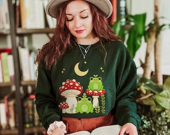Cottagecore Mushroom Frog Sweatshirt | Kawaii Sweater | Frog Lover Gift | Oversized Sweater Option Available