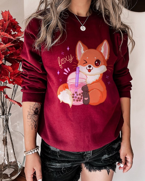 Boba Tea Fox Sweatshirt | Bubble Tea Sweater | Cute Kawaii Sweater | Anime Sweater | Kawaii Fox Lover Gift | Oversized Sweater Option