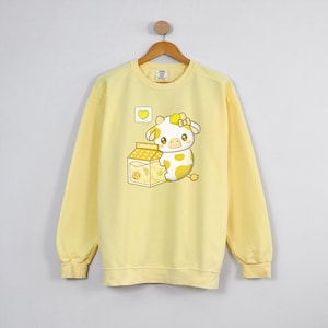 Citroengeel koeiensweater | Kawaii-sweater met limonademelk | Esthetische kleding | Kawaii-kleding | Cadeaus voor tienermeisjes