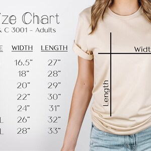 May include: A size chart for B & C 3001 adult t-shirts. The chart lists sizes XS to 3XL, with corresponding width and length measurements in inches. A person is wearing a beige t-shirt, with the width and length of the shirt indicated.