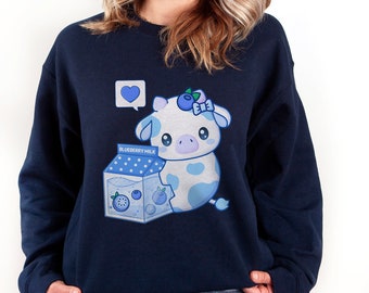 Blueberry Cow Sweater | Kawaii Blueberry Milk Sweatshirt | Kawaii Clothes | Blue Cow Gift | Kawaii Cow Clothes