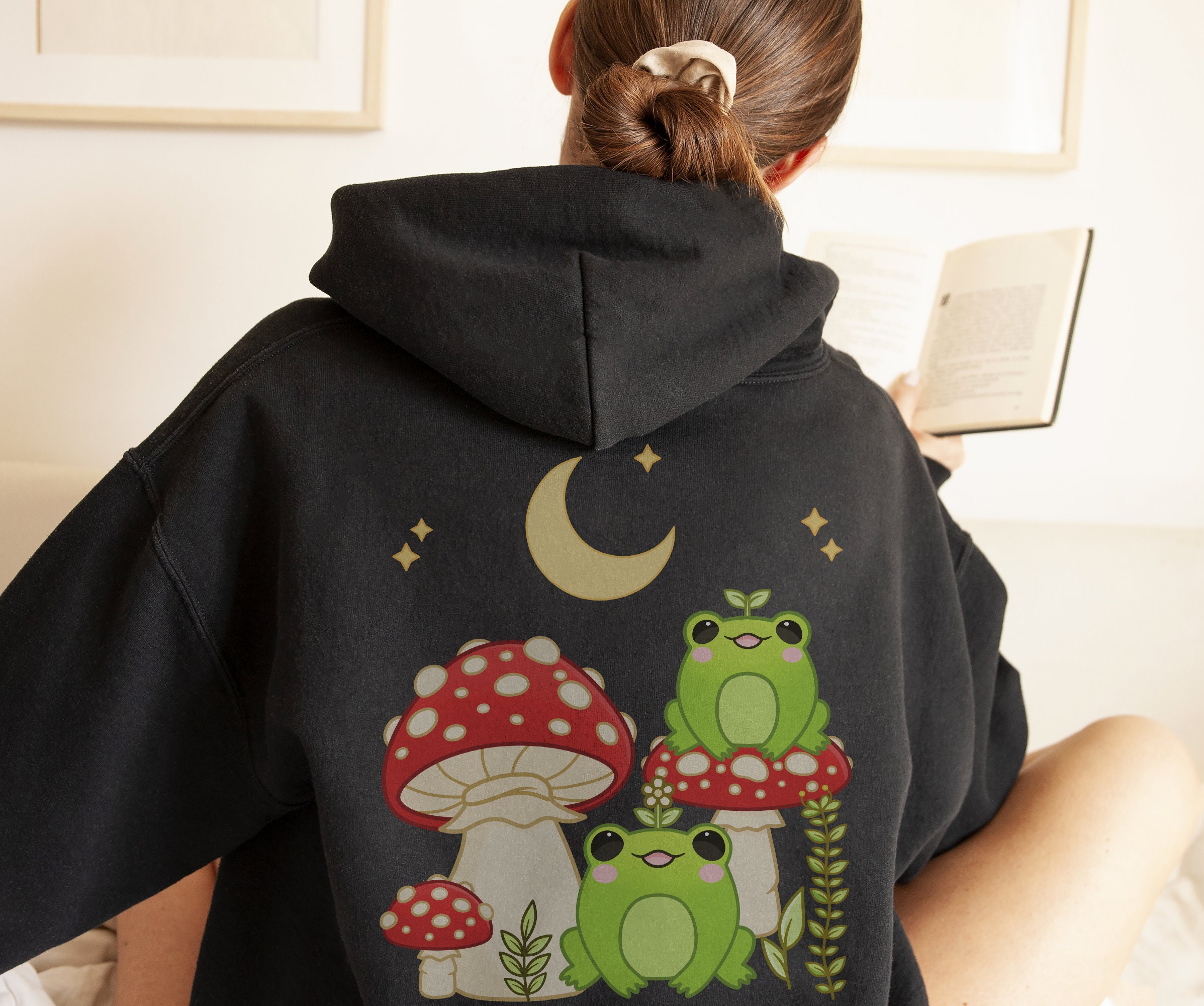 Women's Cute Frog Hoodie - Cottagecore Kawaii Sweatshirt For Teen Girls, Trendy Aesthetic Top (Khaki, Small)