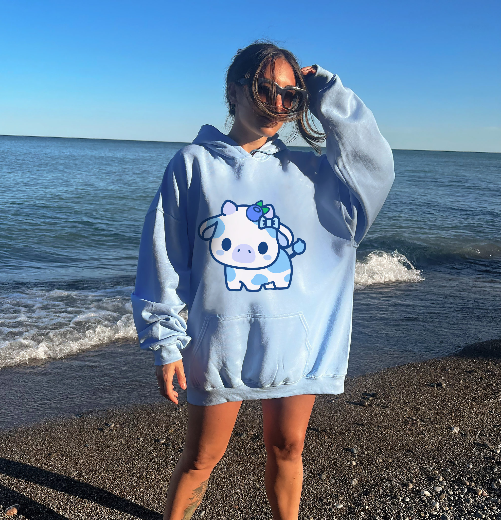 Women's Kawaii Strawberry Cow Hoodie - Cute Graphic Fuzzy Pullover Sweatshirt, Blue, Size XXL (US L) - View #3