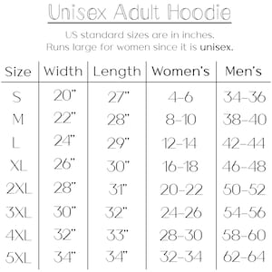 Pu&ograve; includere: Una tabella delle taglie per una felpa con cappuccio unisex per adulti, con misure in pollici. La tabella include le taglie dalla S alla 5XL, con dettagli su larghezza, lunghezza e taglie corrispondenti per donne e uomini. Il testo in alto recita "Unisex Adult Hoodie".