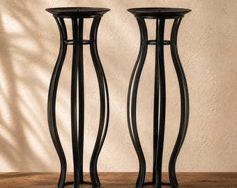 Pair of Matte Black Metal Cage Candle Holders | Sculptural Modern Organic Lantern Decor