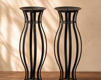 Black Metal Pillar Candle Holders Set of 2 | Sculptural Cage Candle Stands | Modern Organic Table Decor