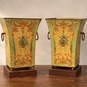 Pair Vintage Toleware Cachepots Hand Painted Floral Planters Crackle Finish Brass Ring Handles Decorative Planters