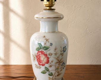 Vintage Floral Milk Glass Table Lamp | Cottage Chic Lamp | Rose Motif Accent Lighting | Brass Base Lamp