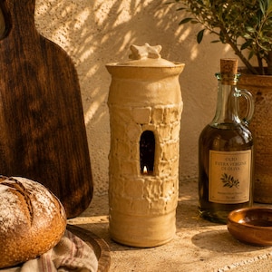 Signed Studio Pottery Lantern David K 96 Brutalist Stoneware Candle Lantern Handmade Lidded Vessel Stone Wall Texture