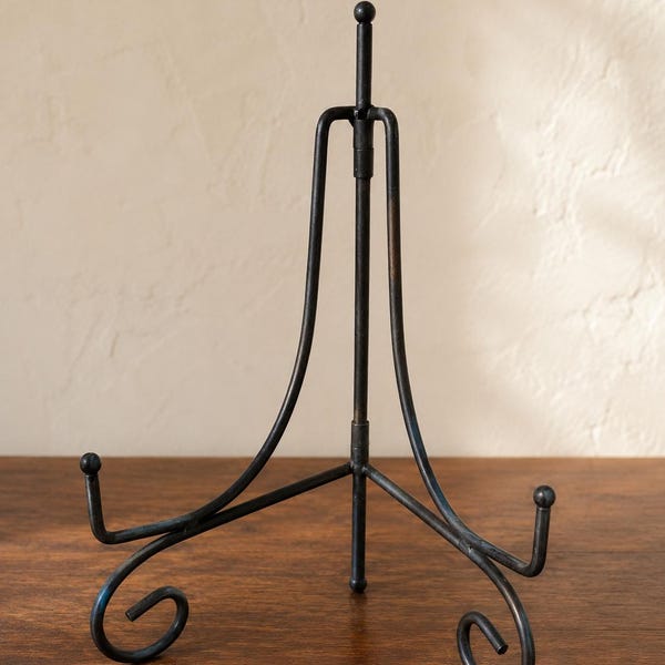 Hand-Forged Wrought Iron Easel | Foldable Vintage Plate Stand | 10” Cookbook Holder