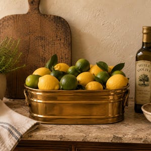 May include: An oval brass basin with two side handles filled with a collection of bright yellow lemons and dark green limes. The basin has a polished metallic finish and sits on a stone surface next to a bottle of olive oil and a small plant.