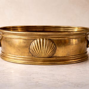 Vintage Solid Brass Oval Planter Bowl Shell Motif Coastal Neoclassical Cachepot