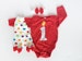First Birthday Number 1 Candle Long Sleeve Red One Piece Shirt with Rainbow Polka Dot Bow Leg Warmers and Bow Headband 